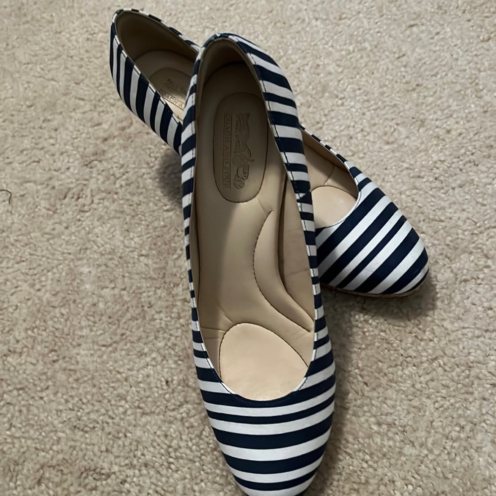 Coach and Four: 3.25” Navy and White Striped Heels